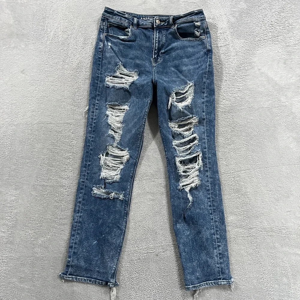 American Eagle Jeans Womens 8 Blue Mom Stretch High Rise Distressed Denim Skater